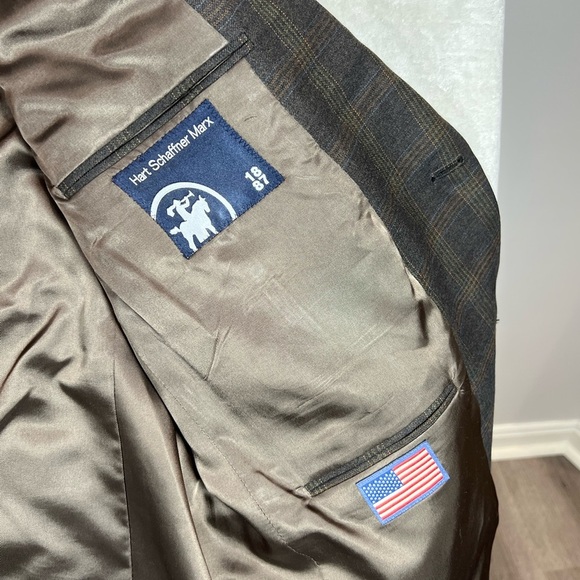 Hart Schaffner Marx HSM Made in USA 48R 100% Wool Brown Checkered Blazer - Picture 4 of 11